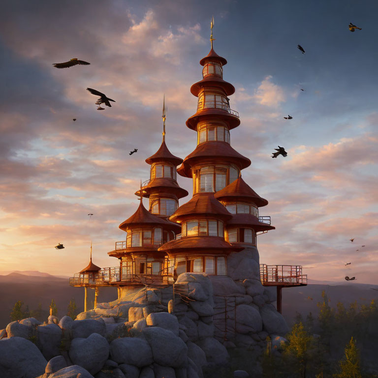 Digital Art: Serene Pagoda on Rocky Outcrop at Sunrise/Sunset