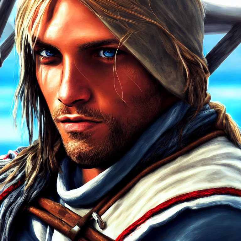 Digital Painting of Blue-Eyed Man in White Hood and Red Cloak