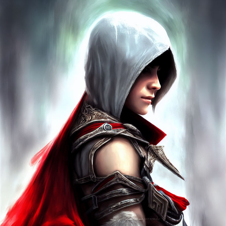 Mysterious figure in red and grey hooded cloak