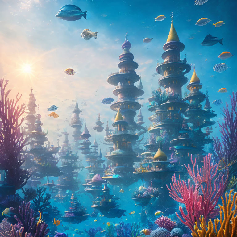 Vibrant underwater fantasy city with coral reefs and fish schools