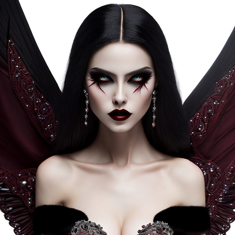 Gothic-themed woman with dark hair, intense makeup, red and black wings