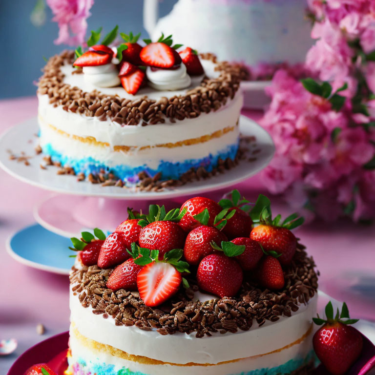 Two-tiered cake with strawberries, chocolate sprinkles, blue tint, white frosting, and pink flowers