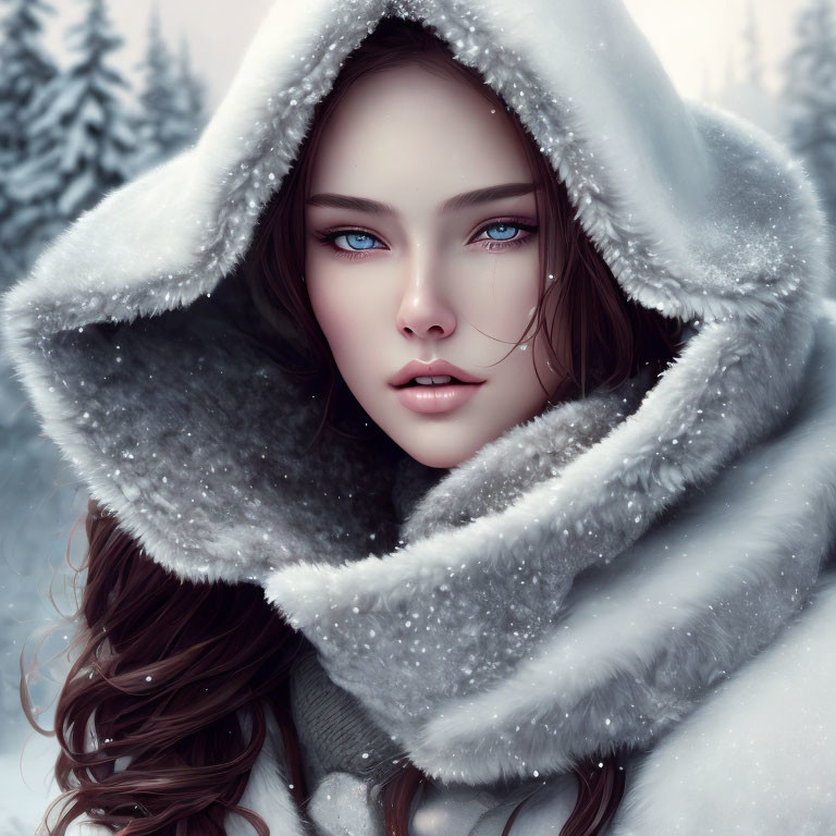 Brunette woman with blue eyes in fur-lined hood in snowy winter scene