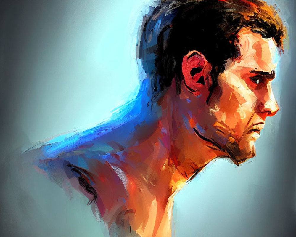 Profile Portrait Digital Painting with Dramatic Lighting and Bold Brush Strokes in Orange and Blue Hues