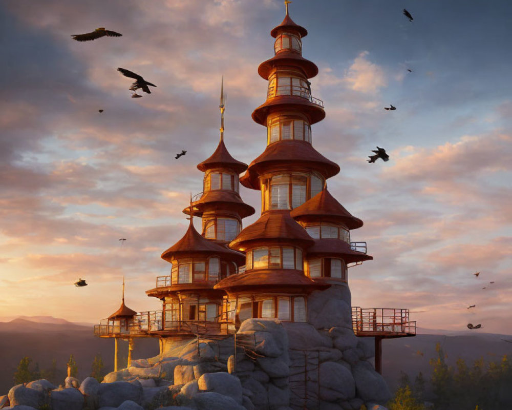 Digital Art: Serene Pagoda on Rocky Outcrop at Sunrise/Sunset