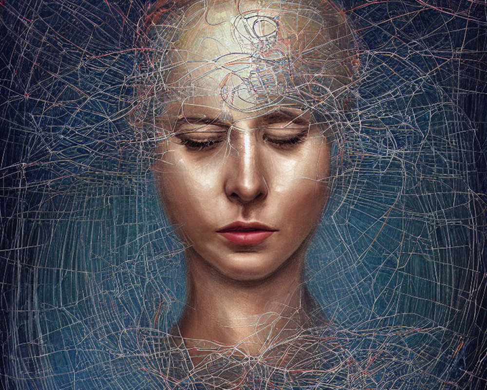 Detailed digital portrait: Woman with closed eyes, mechanical and wireframe textures, futuristic cybernetic theme