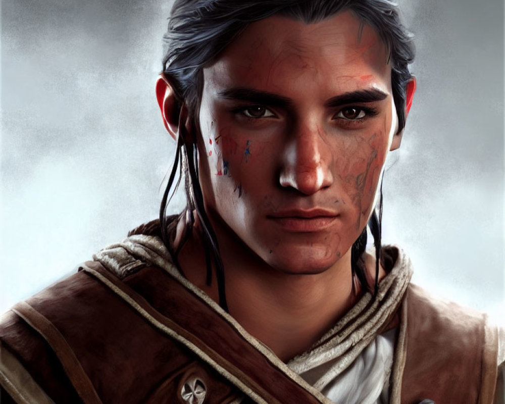 Male character digital portrait with long hair, tribal face paint, historical clothing, determined expression