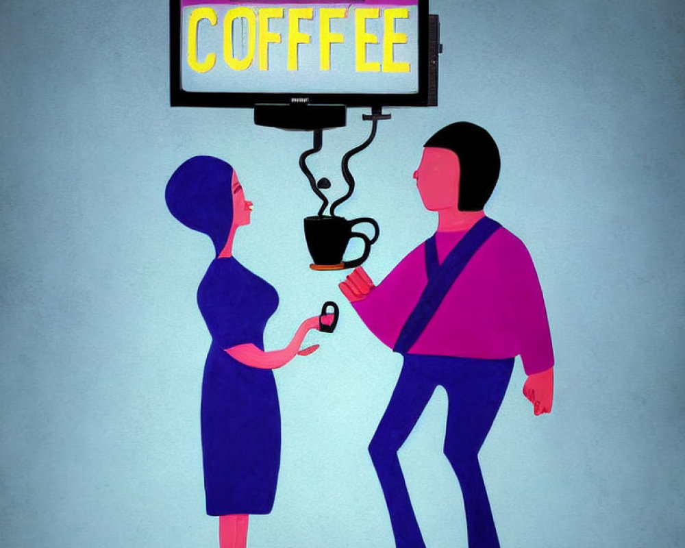 Stylized cartoon characters under neon "COFFEE" sign with woman handing man coffee