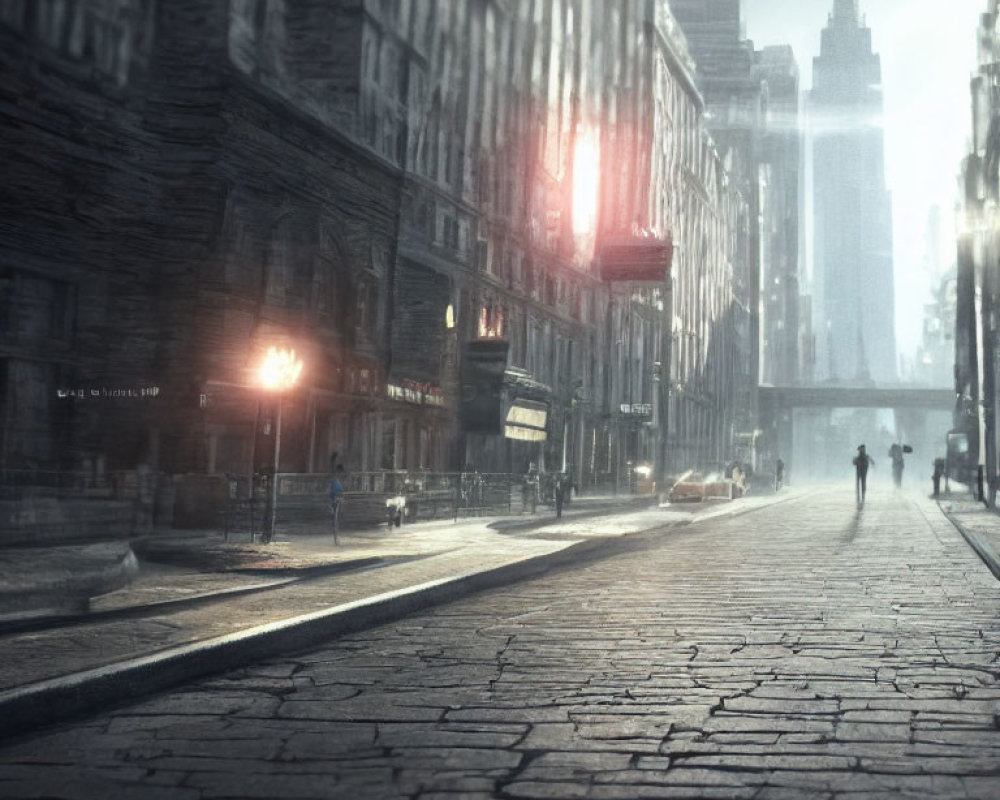 Misty urban street with vintage architecture and solitary figure