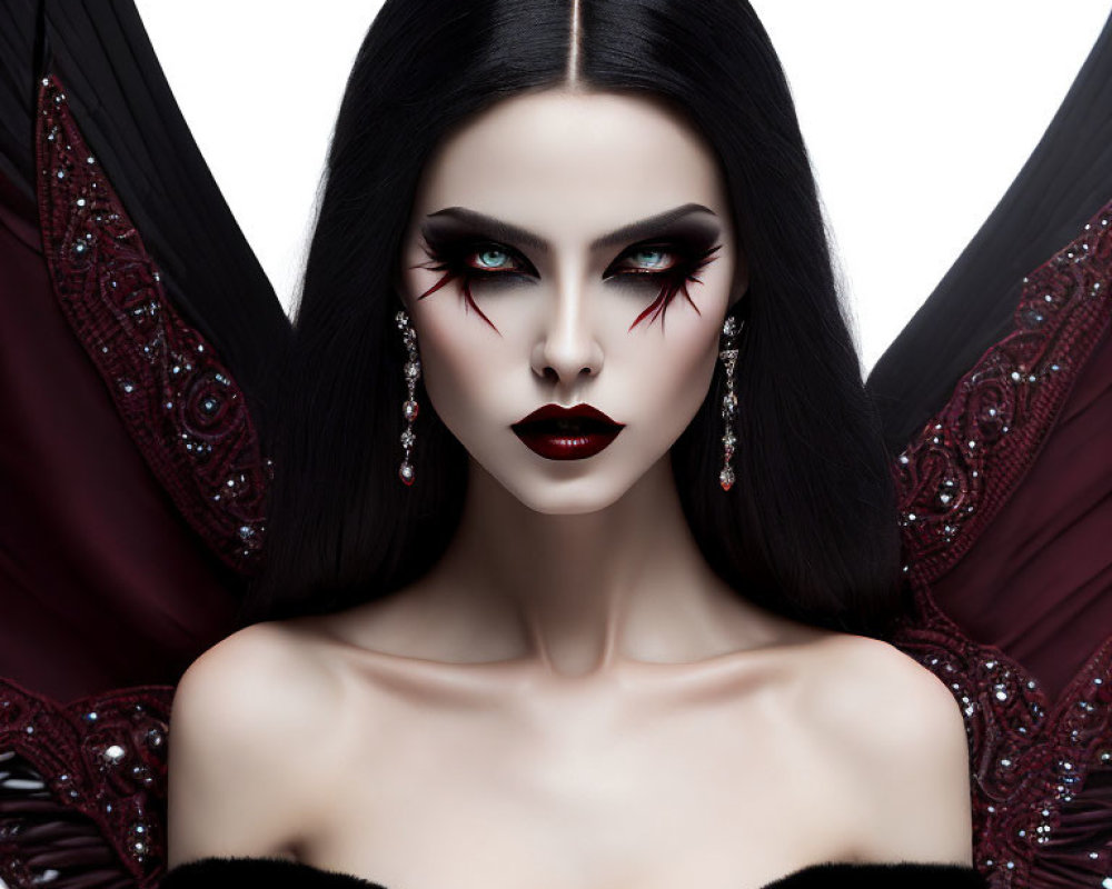 Gothic-themed woman with dark hair, intense makeup, red and black wings