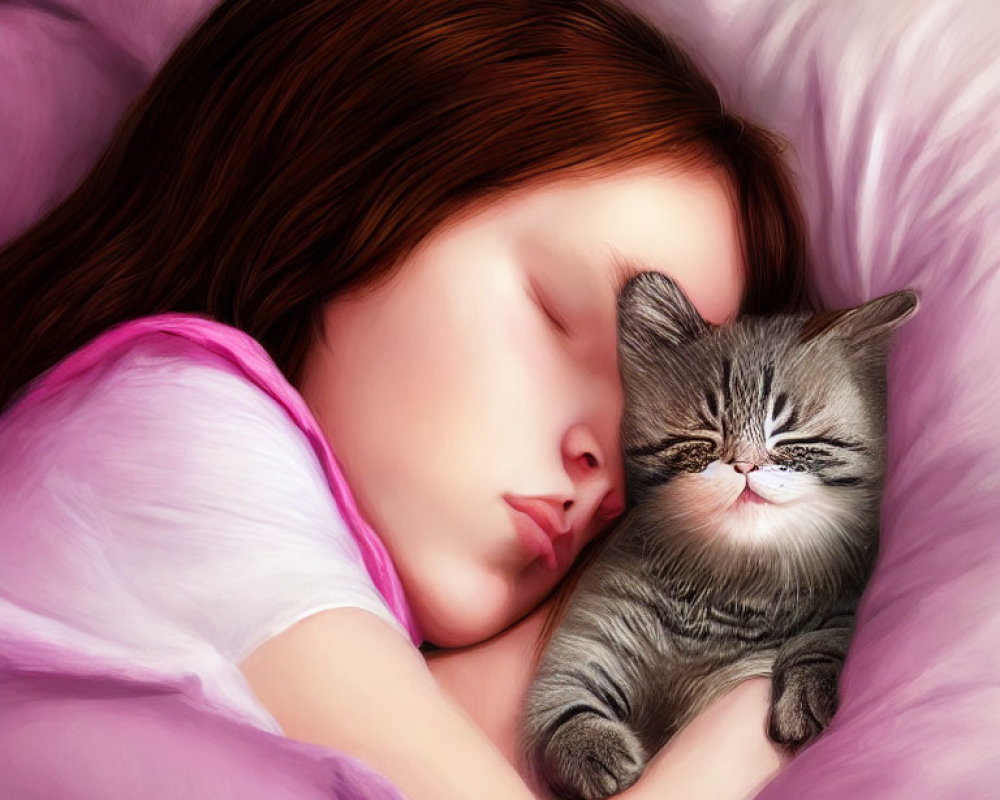 Young girl sleeping with gray kitten in pink bedding