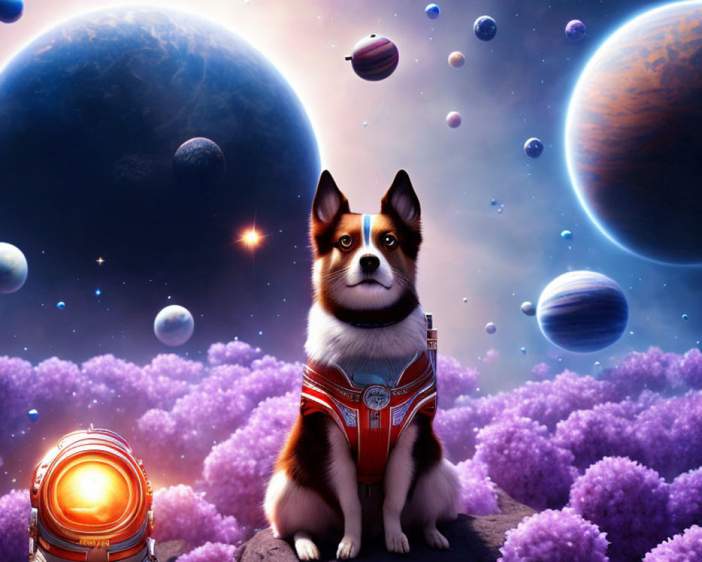 Dog in spacesuit on rocky surface in vibrant cosmic scene with planets and stars.