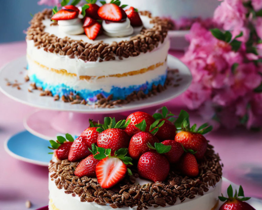 Two-tiered cake with strawberries, chocolate sprinkles, blue tint, white frosting, and pink flowers