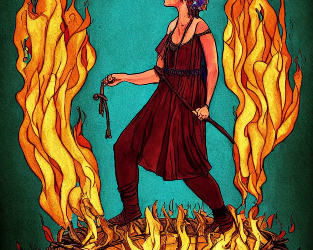 Illustrated woman walking in fiery landscape with key in hand