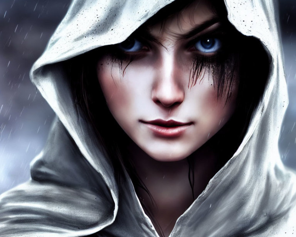 Person with Blue Eyes in White Hooded Cloak in Rainy Setting