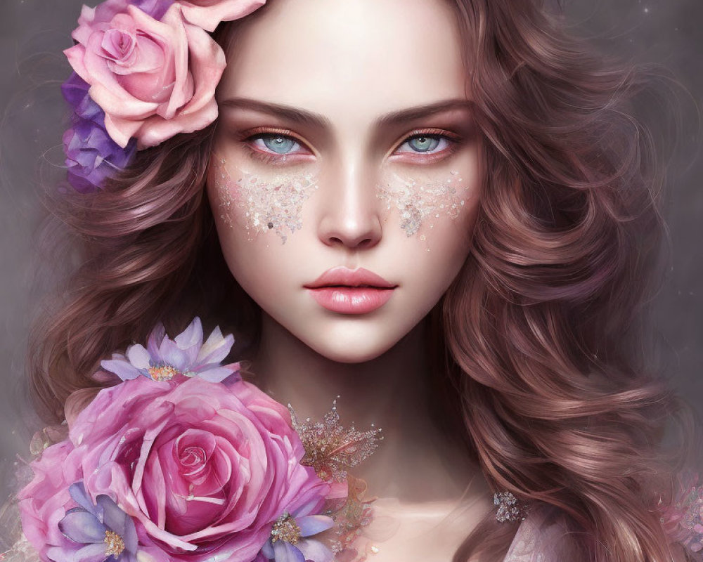 Digital artwork of woman with wavy brown hair and pink roses, emitting ethereal vibe