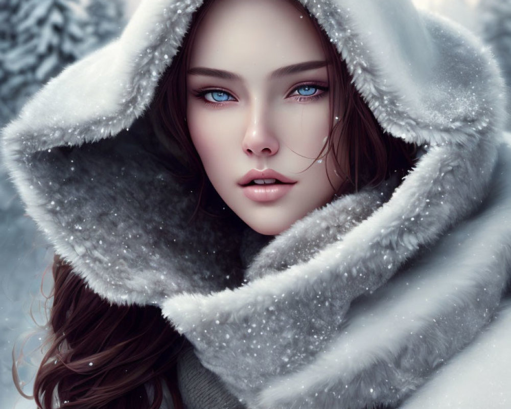 Brunette woman with blue eyes in fur-lined hood in snowy winter scene