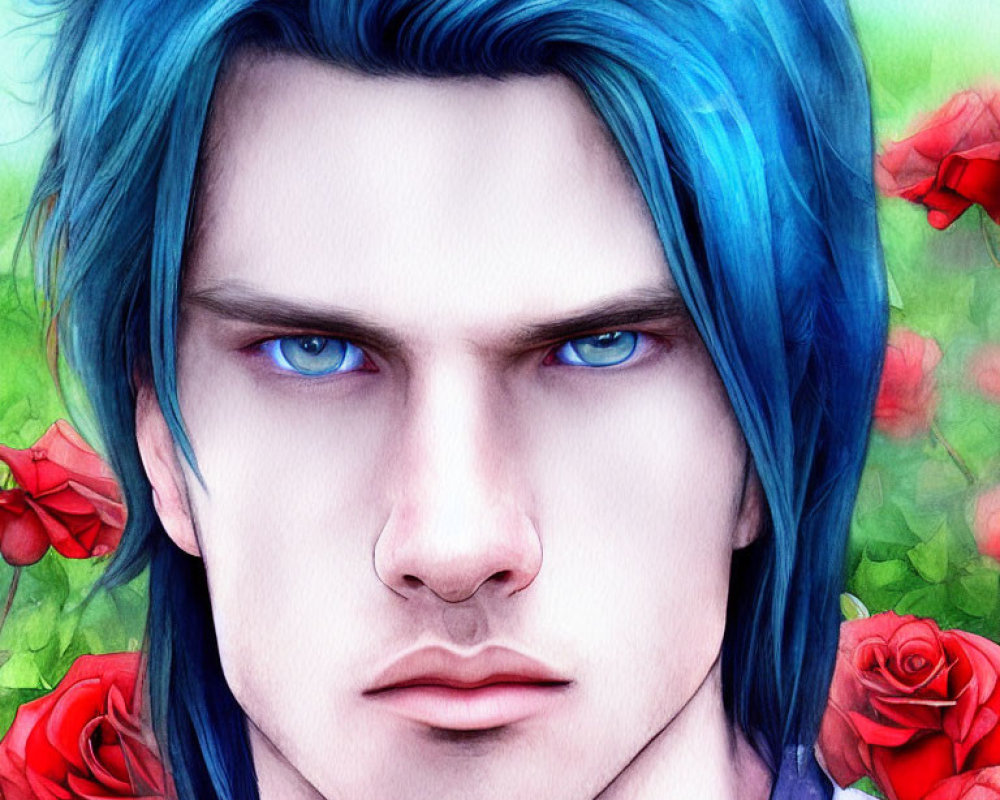 Vivid Blue Hair and Eyes Against Red Roses Background