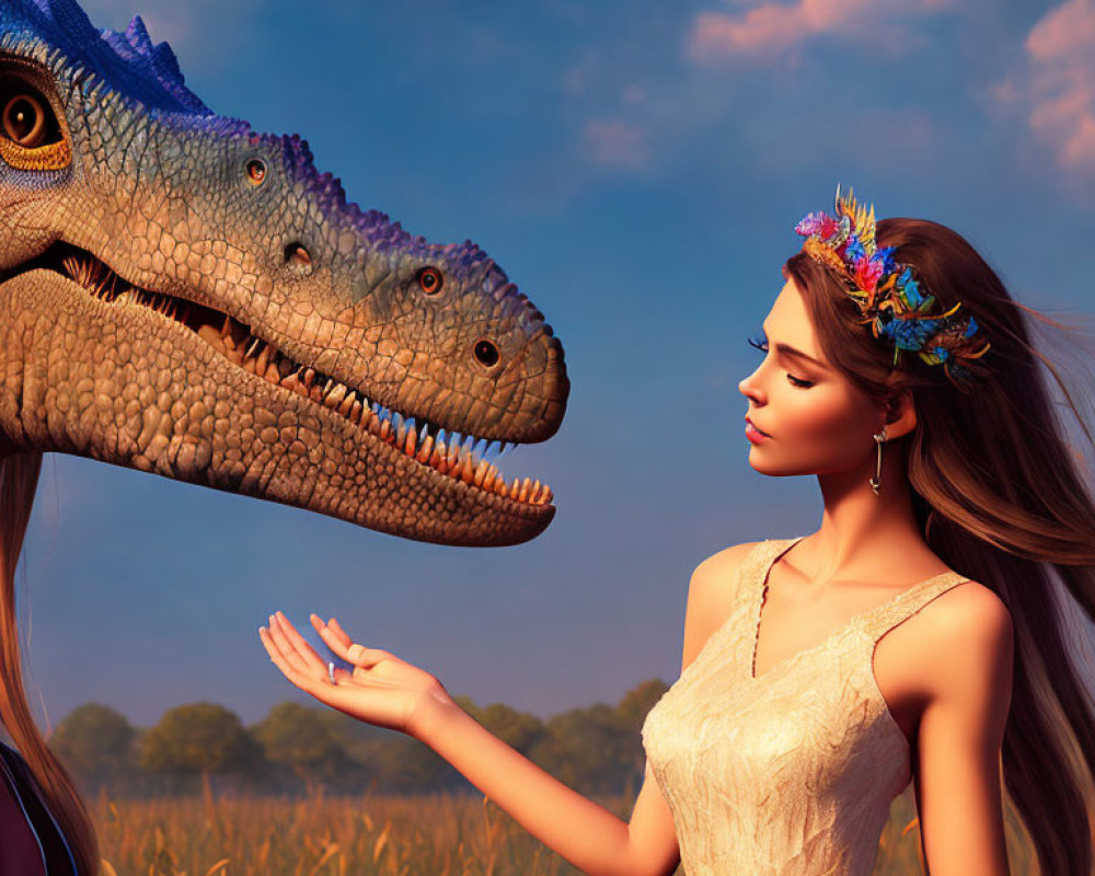 Young woman with floral headpiece meets friendly dinosaur in sunset field