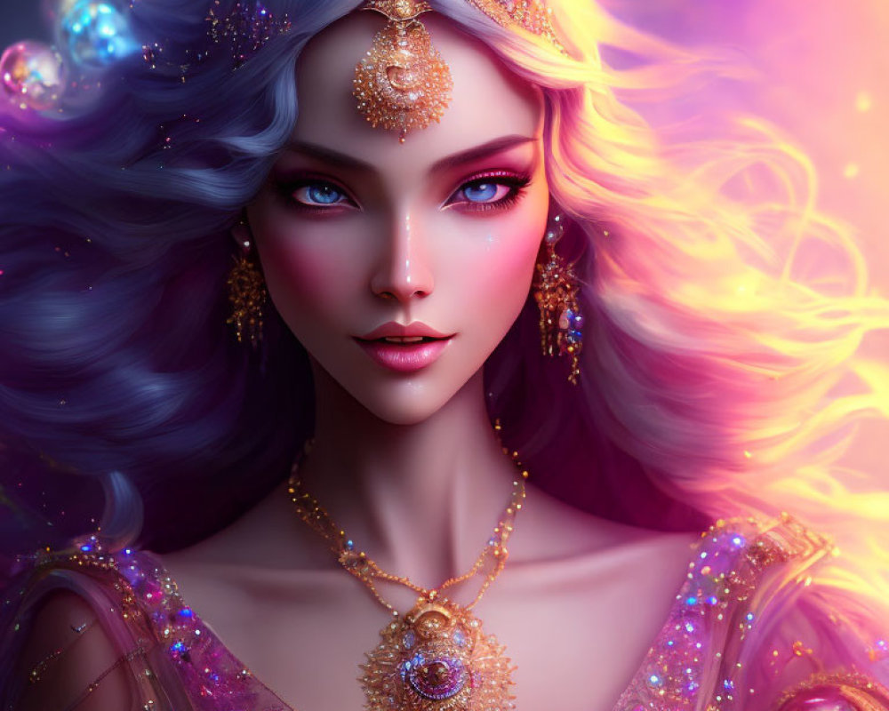 Violet-haired woman with blue eyes in cosmic fantasy portrait