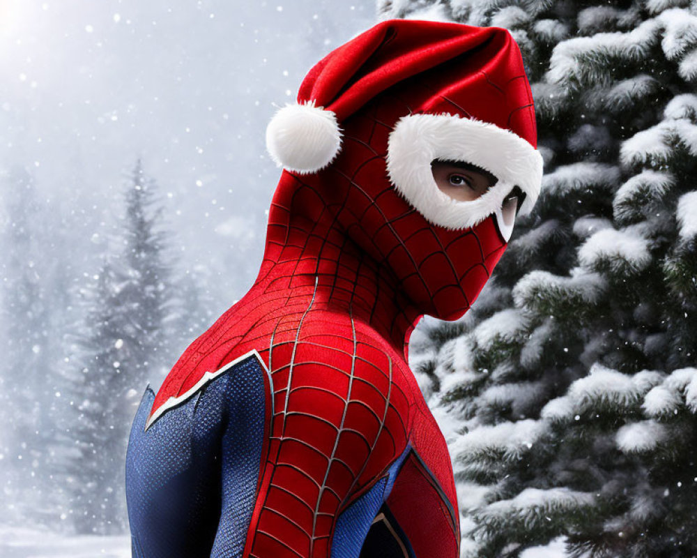 Festive Spider-Man in Santa Hat with Snow and Pine Trees