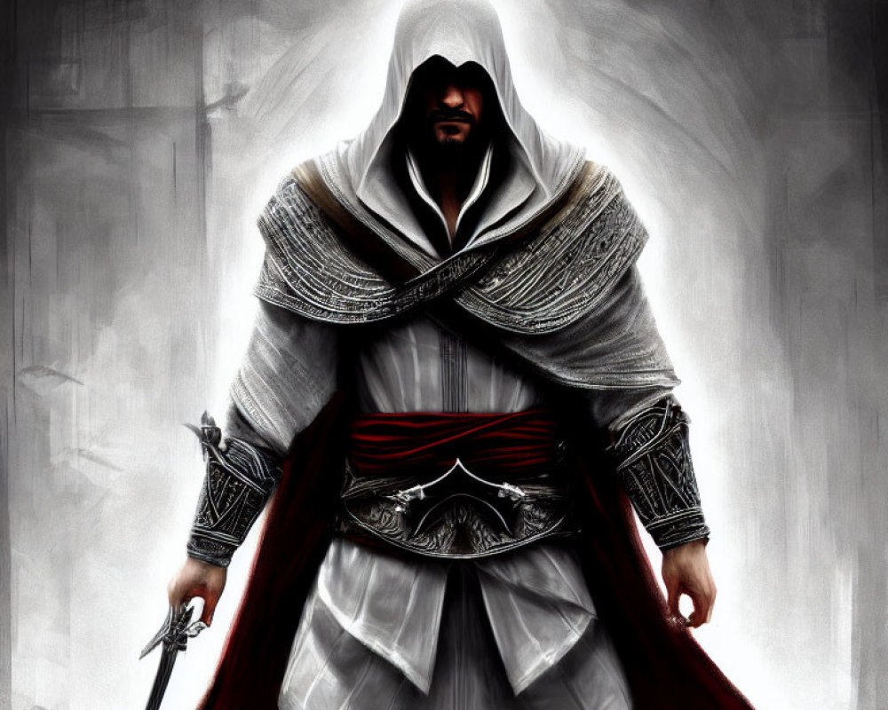 Hooded Figure in White Robes with Red Sword on Grey Background