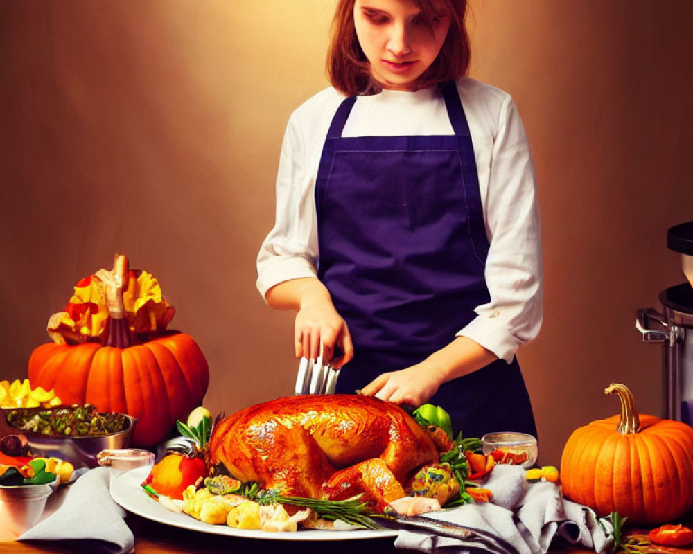 Woman carving roasted turkey on pumpkin-adorned table