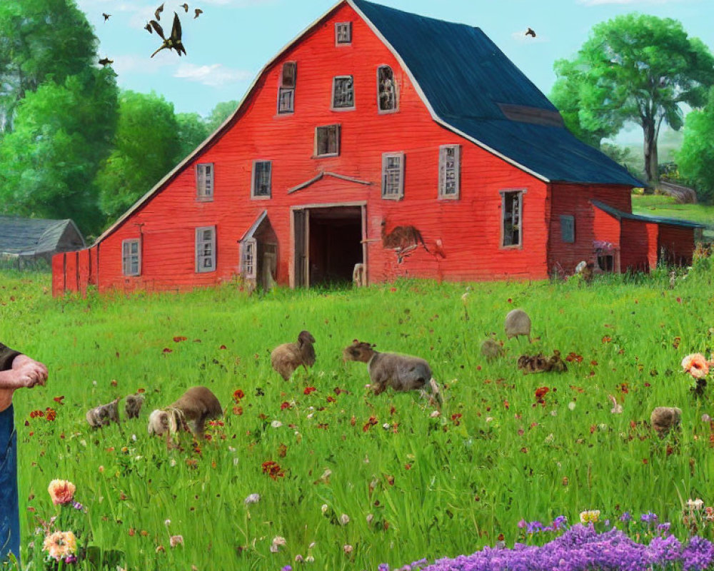 Rural landscape with red barn, green fields, animals, and birds