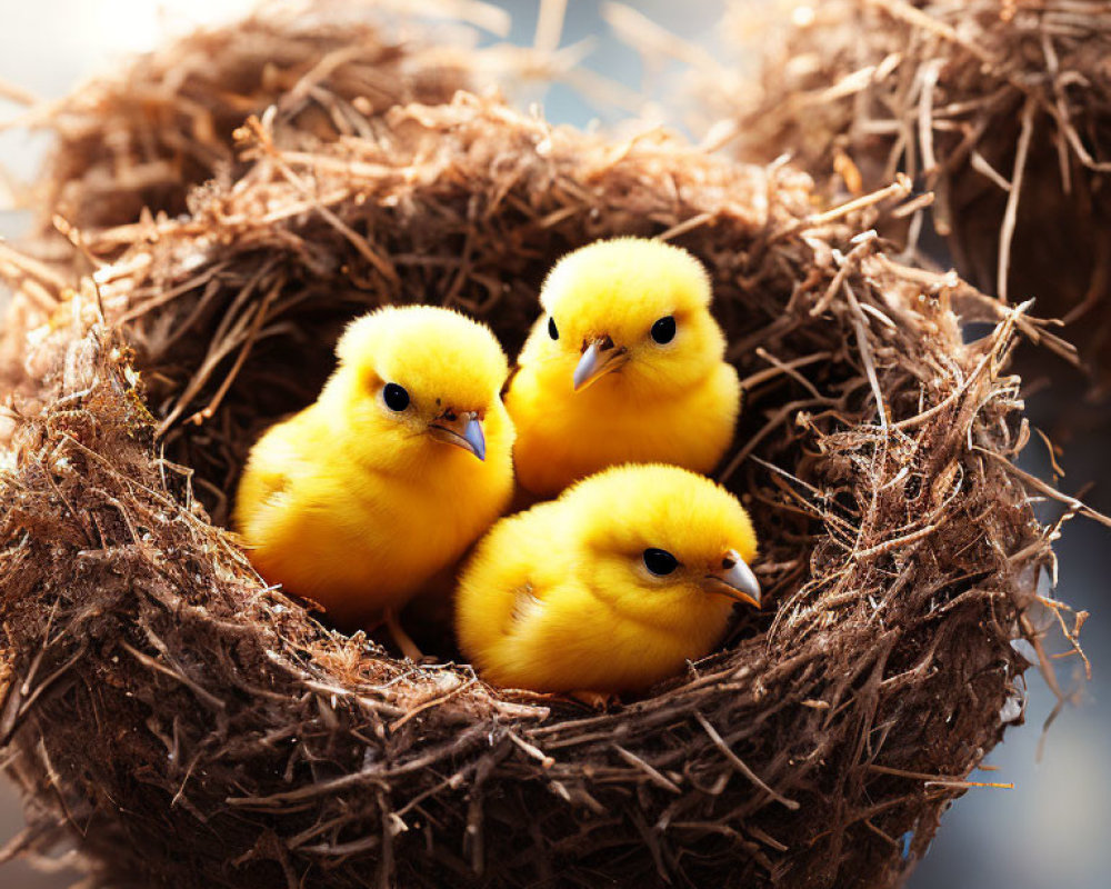 Three Yellow Chicks in Brown Bird's Nest with Soft-Focused Background