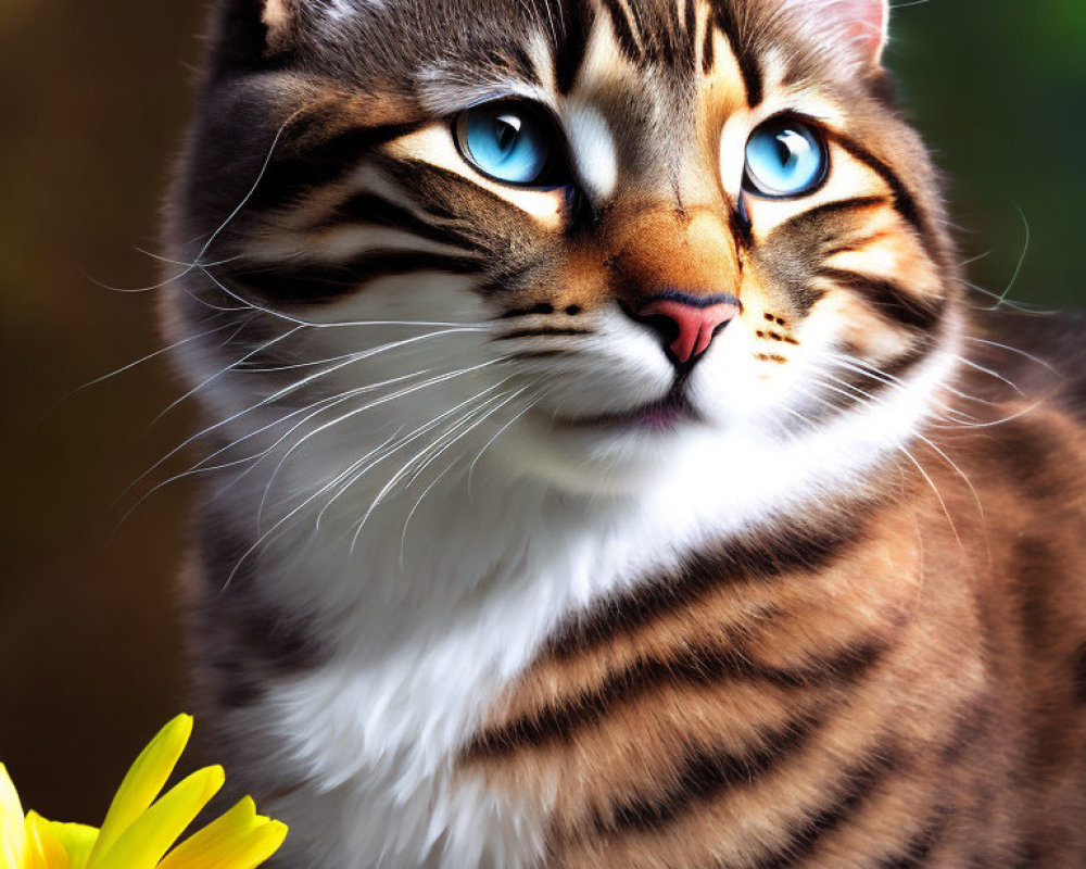 Brown and Black Tabby Cat with Blue Eyes Beside Yellow Flower