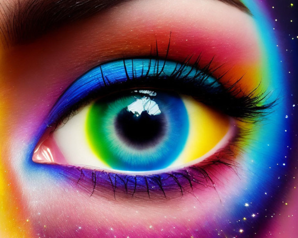 Close-up Eye Makeup: Rainbow Palette, Detailed Eyeliner, Sparkling Stars