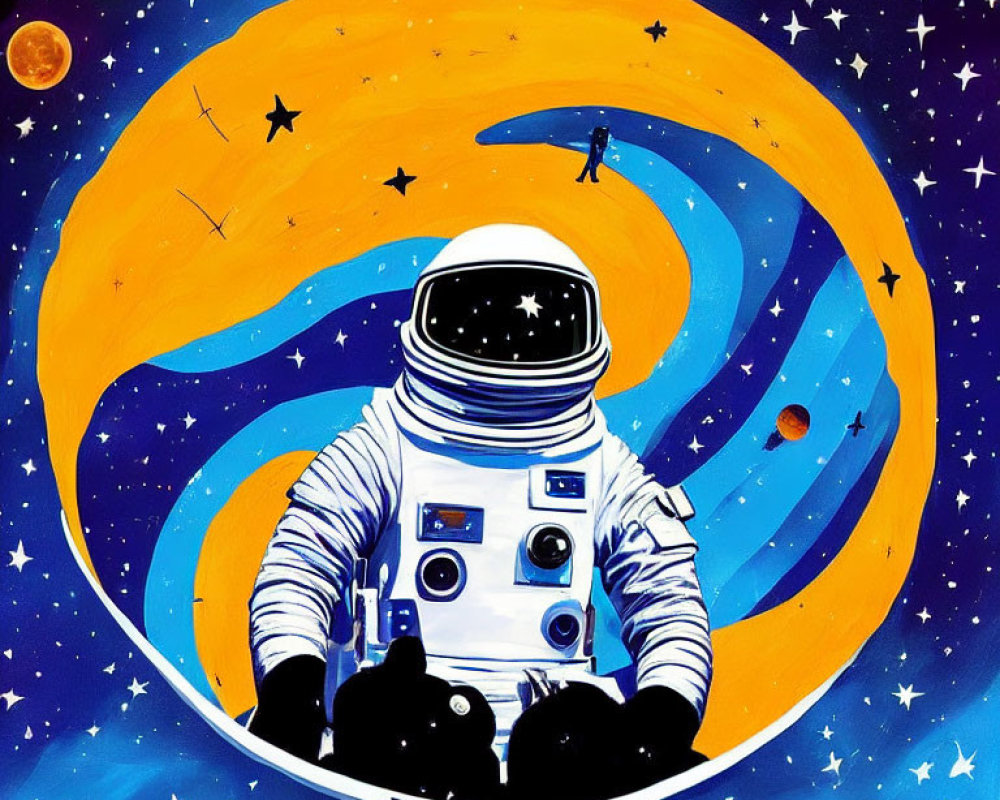 Detailed Spacesuit Astronaut in Cosmic Scene with Stars and Planets