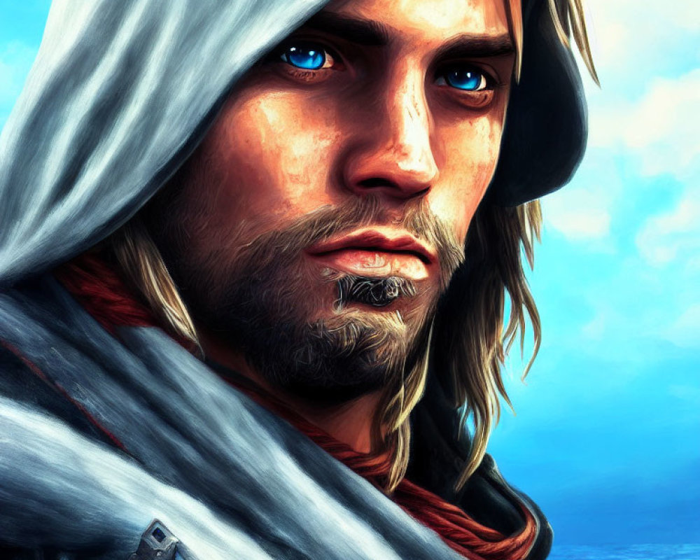 Digital art portrait: man with piercing blue eyes in hooded cloak against bright blue sky