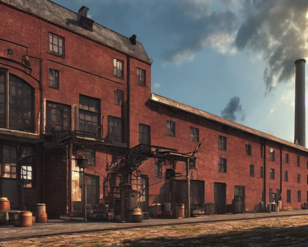 Vintage red-brick building with exterior staircases, large windows, and barrels under dramatic sunset sky