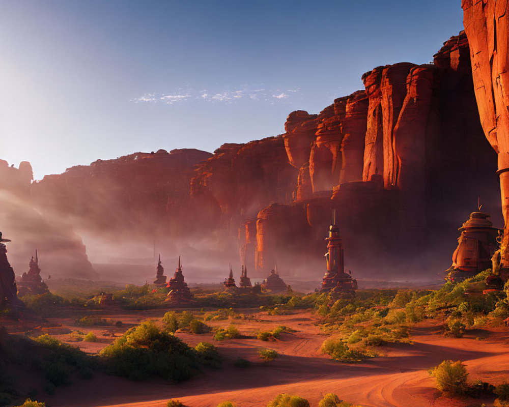 Vivid sunset over towering red sandstone formations in desert landscape