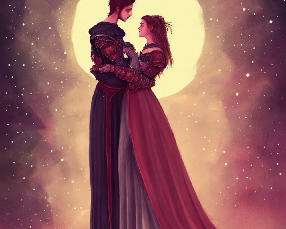 Illustrated Couple Embraces Under Moonlit Starry Sky in Medieval Attire