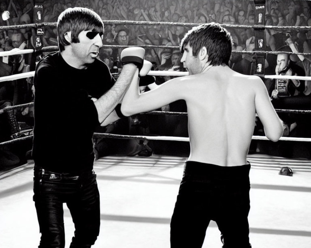 Two individuals with bob haircuts in a boxing ring with excited crowd.