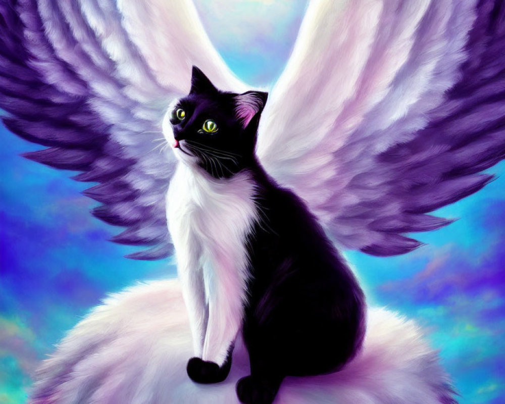 Whimsical black and white cat with angelic wings on fluffy cloud in pastel sky