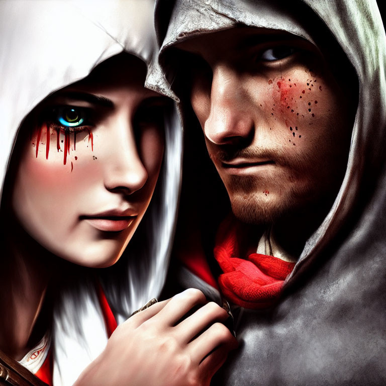 Digital artwork: Two figures in hooded cloaks, one with green eyes and blood tears, the