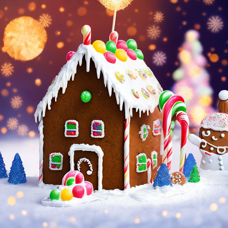 Whimsical gingerbread house with candy decorations and wintry backdrop