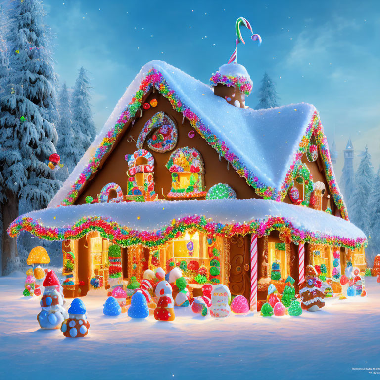 Vibrant Gingerbread House in Snowy Christmas Scene