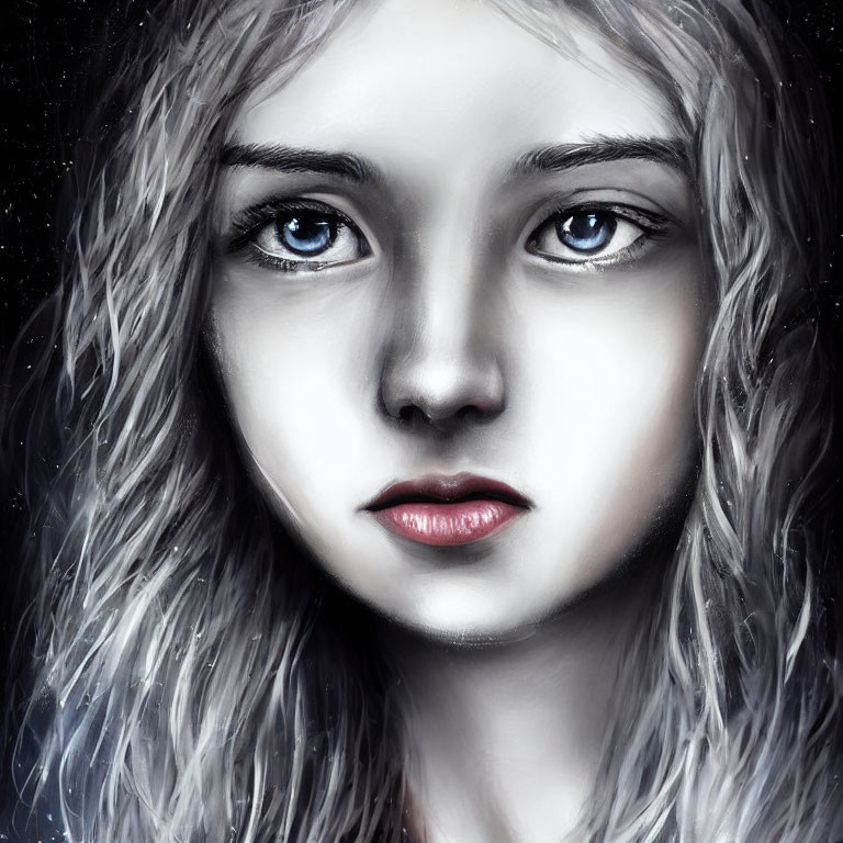 Digital painting of girl with blue eyes, pale skin, and grey hair on dark background