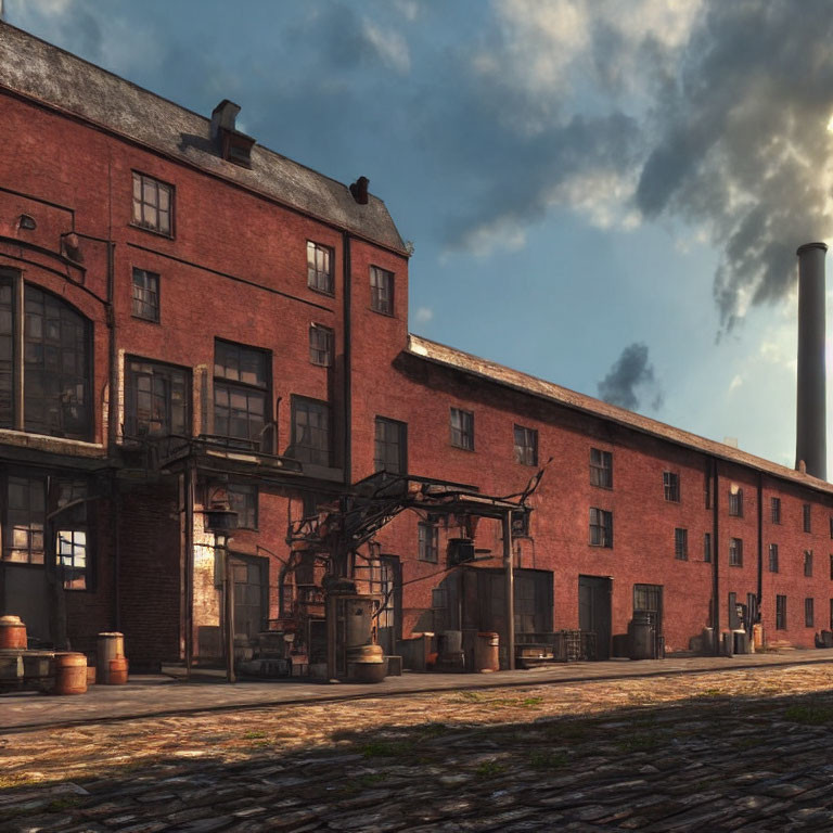 Vintage red-brick building with exterior staircases, large windows, and barrels under dramatic sunset sky