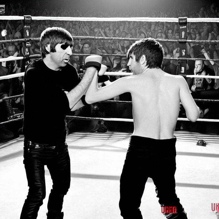 Two individuals with bob haircuts in a boxing ring with excited crowd.