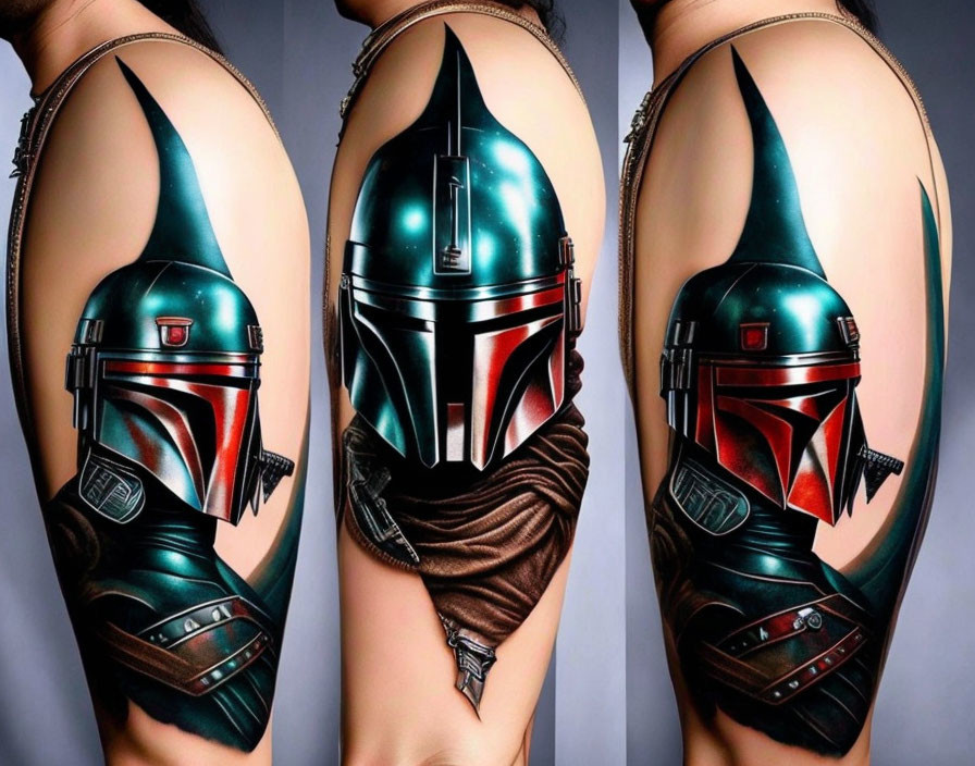 Hyper-realistic tattoo of armored headgear on leg with intricate shading and vibrant colors