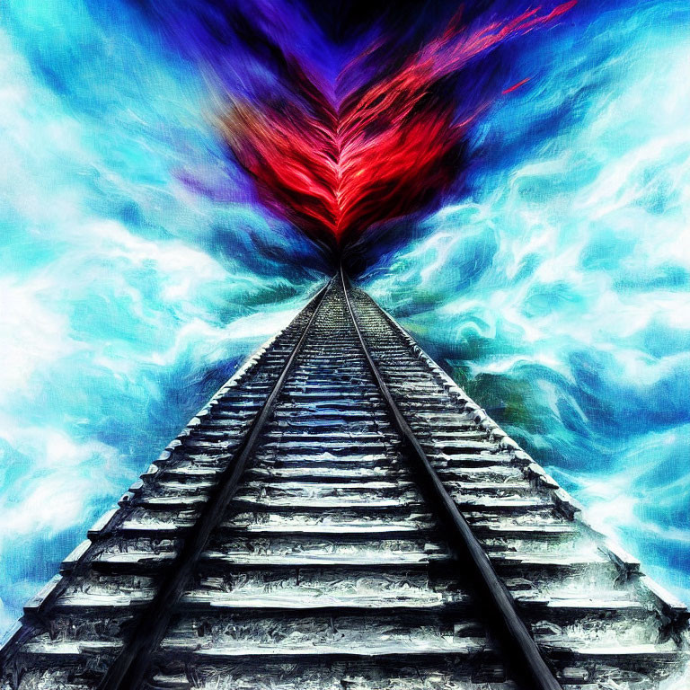 Colorful surreal painting of railroad tracks under swirling sky