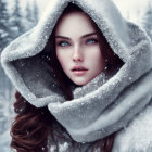 Brunette woman with blue eyes in fur-lined hood in snowy winter scene