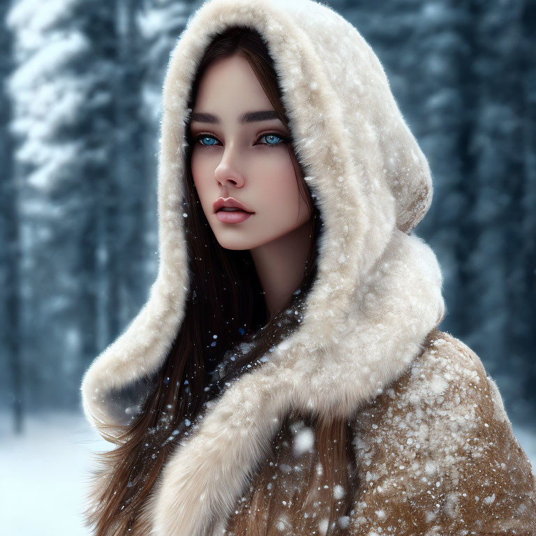 Woman in Beige Fur Coat with Snowflakes in Snowy Forest