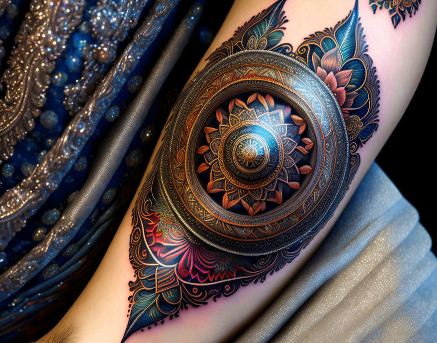 Colorful Mandala Forearm Tattoo with Eye Design on Sequined Fabric