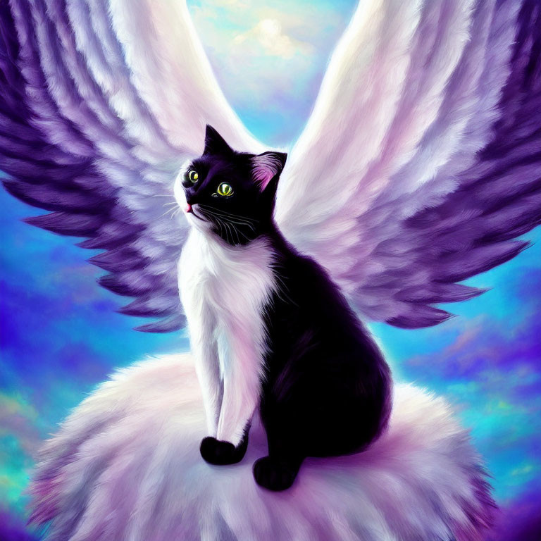 Whimsical black and white cat with angelic wings on fluffy cloud in pastel sky